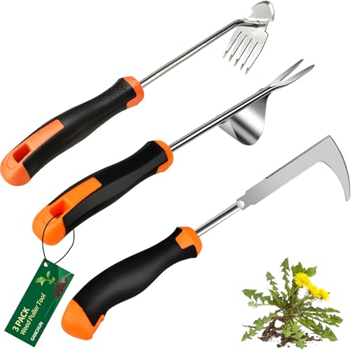 2026 Weed Puller Tool, 3 Pack New Garden Stainless Steel Weeder Tool Hand Weeder Tool,Multi-Purpose Weed Remover Tool Weeding Tools for Gardening(Rubber Handle)