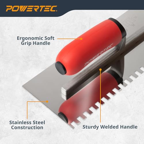 POWERTEC Square Notch Trowel - 1/4" x 3/8" Stainless Steel Square-Notch Tile Trowel with Soft Grip Handle for Thinset Mortar, Mastic & Tile Installation Work (72781) - style: 1/4" x 1/4" Square Notch