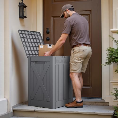 JUMMICO 52 Gallon Resin Package Delivery Box Lockable&Waterproof - color: Grey