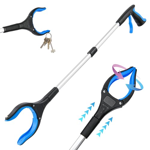 32" Grabber Reacher Tool, 360° Rotating Head, Wide Jaw, Foldable Reacher Grabber Pickup Tool,Anti-Slip Rotating Jaw with Magnet, 4" Wide Claw Opening Grabbers for Seniors (Blue)