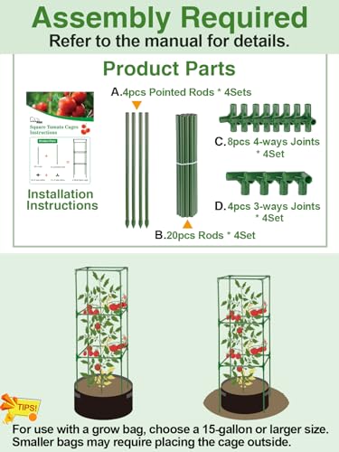 PAMASE 45x14.5x14.5in Square Tomato Cage for Garden, 4 Pack - style: 4 Pack