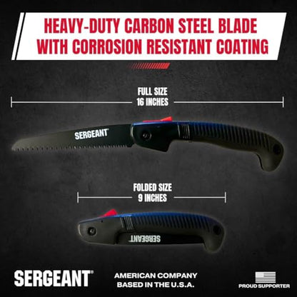 SERGEANT Folding Hand Saw with Pouch. Pruning hand saw. Best for Wood, Bone, PVC, Tree Pruning, Gardening, Camping, Hunting, Outdoors, Tool Box. Rugged 7" Steel Blade & Slip-Resistant Rubber Grip.