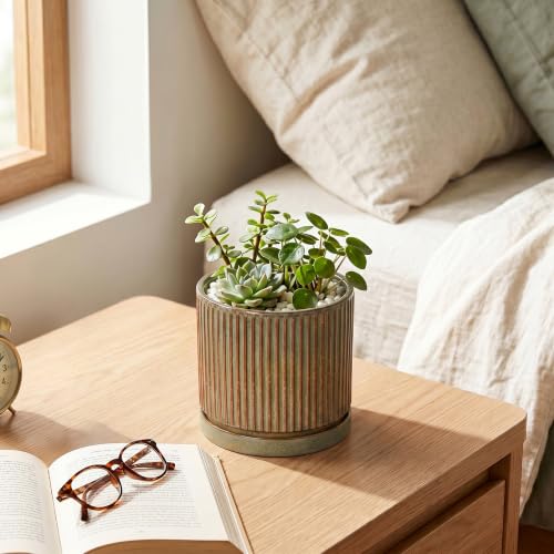 4 Inch Pots for Plants, Ceramic Plant Pots with Saucer, Retro Brown - color: Retro Brown, size: 4 Inch