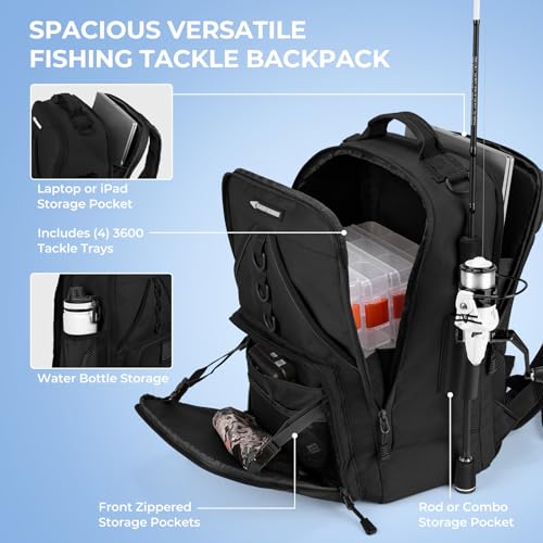 KastKing KarryAll Fishing Backpack with Rod Holder 4 Tackle Boxes, 40/26L - color: Medium (26 L) - Black