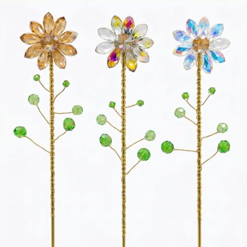 3 Pcs Crystal Sunflower Suncatchers Light Catcher 13'' Metal Stake Handmade
