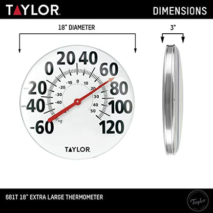 Taylor Extra Large Metal Wall Indoor Outdoor Thermometer, Easy to Read Numbers for Patio, Pool, and Indoor Areas, 18 inch, White