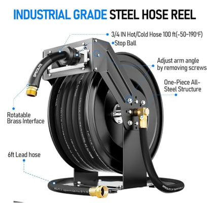 SPECILITE Retractable Garden Hose Reel with 3/4" 65ft Hot/Cold Pipe, Black - color: Black, size: 3/4'' 65 FT
