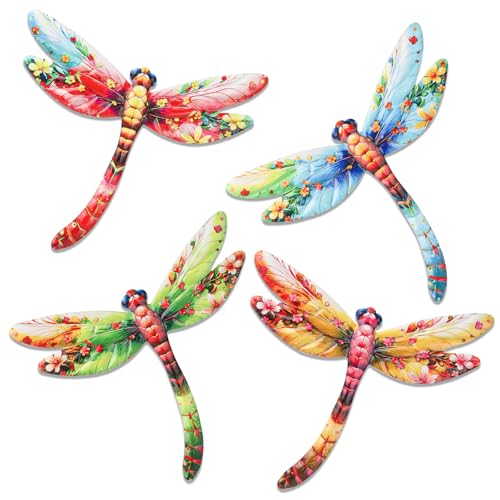 Junware Metal Dragonfly Wall Decor, 4Pcs Dragonfly Wall Art Sculptures Hanging Sculpture Decoration.Outdoor Fence Art for Home Garden, Fence, Patio, Yard, Bedroom Outside Gifts for Adults - color: Dragonfly-4Pcs