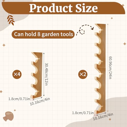 Beeveer 2 Pairs Pine Wood Garden Tool Organizer Wall Mount, 8 Slots Holder