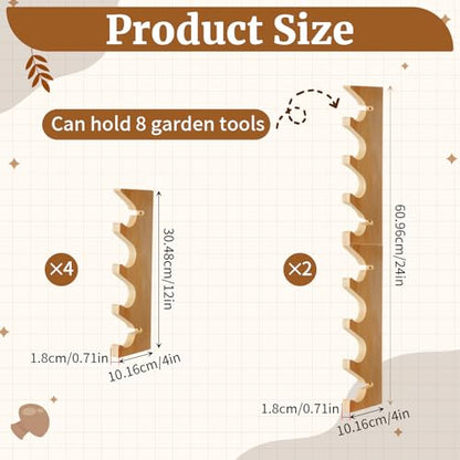 Beeveer 2 Pairs Pine Wood Garden Tool Organizer Wall Mount, 8 Slots Holder