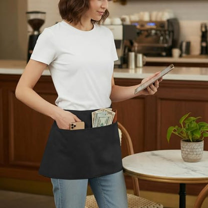 BOHARERS Waist Apron with 3 Pockets - Black Waitress Waiter Server Short Aprons - color: B-2 Pack Black