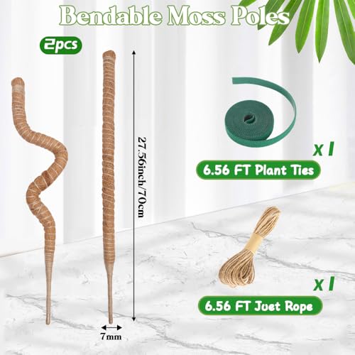 Moss Pole Monstera Plant Support 2 Pack 28 Inch Bendable Moss Pole for Monstera Plants Indoor Handmade Coco Coir Pole Plant Sticks Support Stakes for Potted Plants Philodendron to Grow Upwards - size: 28" with jute rope and straps