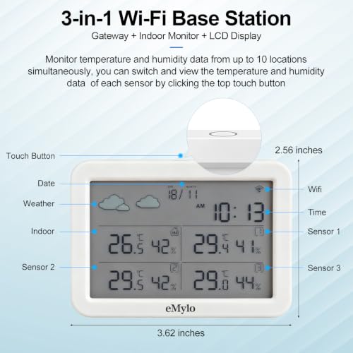 eMylo WiFi Indoor Outdoor Thermometer Hygrometer with 3 Remote Sensors