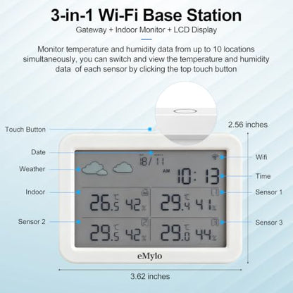 eMylo WiFi Indoor Outdoor Thermometer Hygrometer with 3 Remote Sensors
