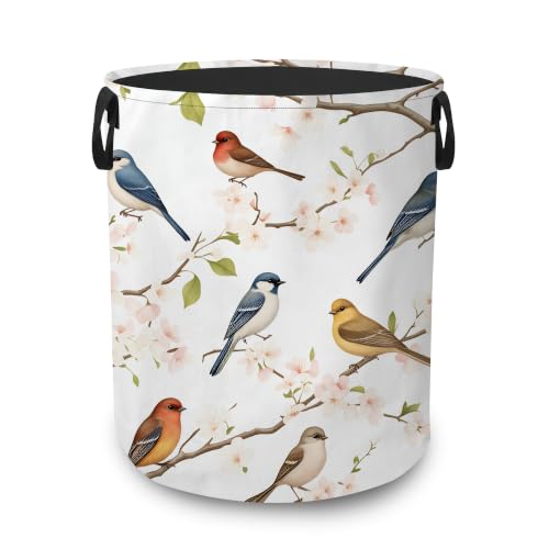 Watercolor Birds Floral Portable Laundry Hamper,Cherry Blossoms Collapsible Clothes Basket with Handles,Waterproof Oxford Cloth Organizer for Dorm Bedroom Bathroom Nursery,16 x 20 Inch - color: Watercolor Birds Floral,Cherry Blossoms