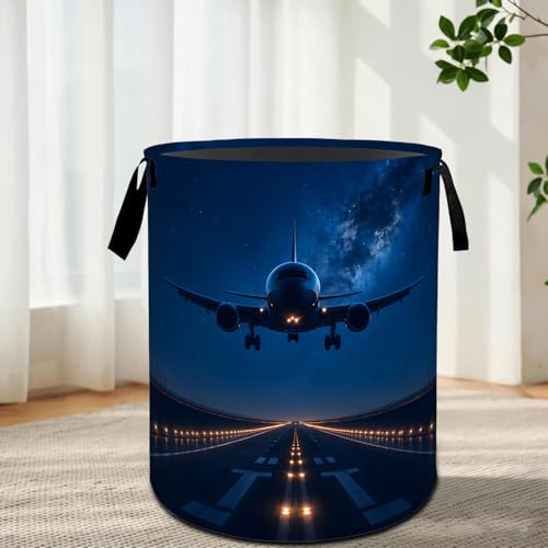 Airplane Laundry Basket,Night Runway Jet Hamper for Home 19.7x15.7 In - color: Airplane