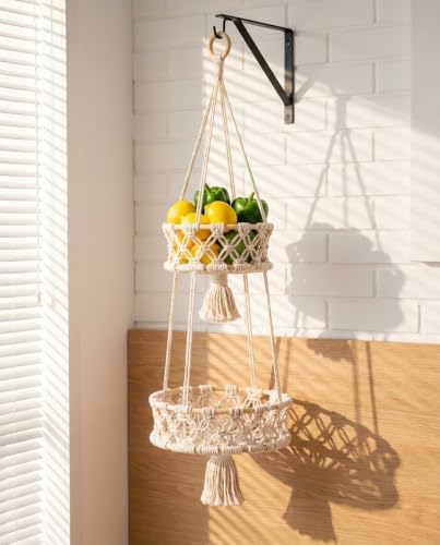 Alipis Macrame Plant Hanger Macrame Hanging Fruit Basket 2 Tier Woven Cotton Rope Storage Baskets Hanging Plant Holder for Vegetable Storage