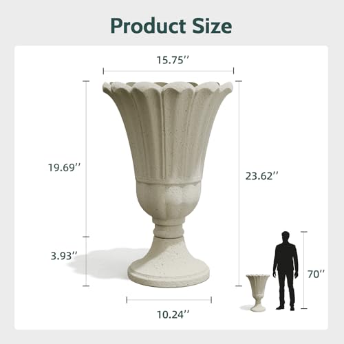 Tall Plastic Urn Planters and Pedestal - 24" Outdoor Planter Beige - color: White-petal