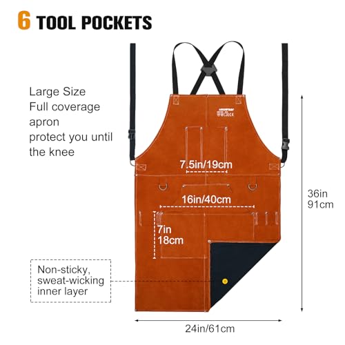 ARCCAPTAIN Leather Welding Apron, 24" x 36" FR Cowhide Blacksmith Aprons - color: Brown