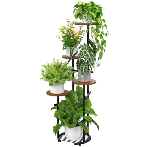 TOSKING 5-Tier Round Wood Corner Plant Stand Indoor, Anti-Tip, Brown&Black - color: Wood + Black, size: 5-Tier Round Base