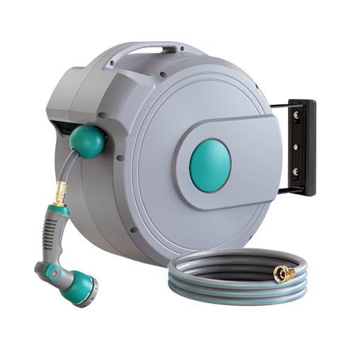 1/2" x 100 ft Retractable Garden Hose Reel, Any Length Lock & 180°Swivel - color: Green, size: 1/2 in 100FT+6.5FT