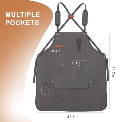 Unisex Woodworking Work Apron, 16oz Multi-Pocket Canvas Apron - color: Grey
