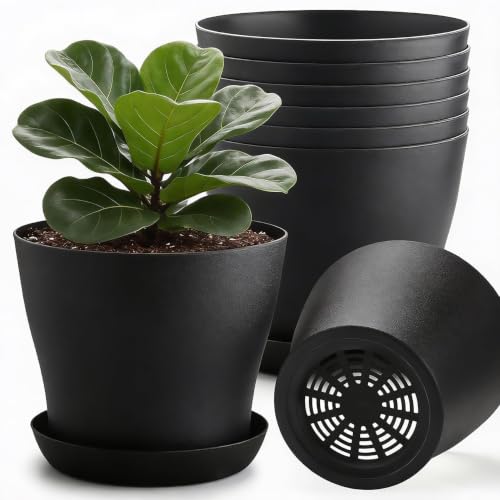 8inch Plant Pot with Large Drainage Holes &Saucer for Indoor Outdoor Plants - color: Black