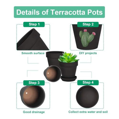 vensovo 4 Inch Black Terracotta & Clay Pots with Saucer, 6 Pack - color: Black
