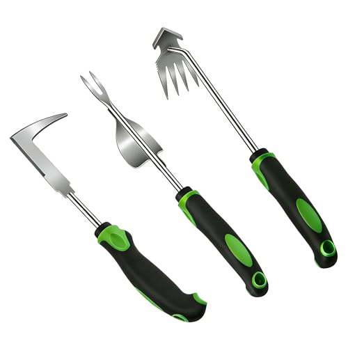 3 Piece Weeding Tool Set, Stainless Steel Hand Weeder Kit with Rubber Handles, Crack Weeder, Weed Puller and Crevice Tool for Lawn, Flower Beds, Sidewalk Cracks, Patio and Between Pavers