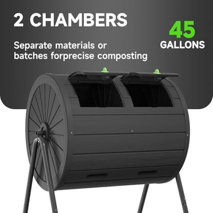 PatioZen Dual Chamber Tumbling Composter 45 Gallon Large Outdoor Tumbling Composter Efficient Batch Composting Easy Turn Design