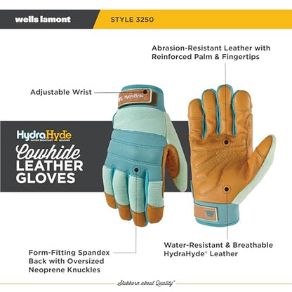 Wells Lamont Women's HydraHyde Leather Hybrid Gloves - color: Turquoise/Tan, size: Medium, style: 1-pack