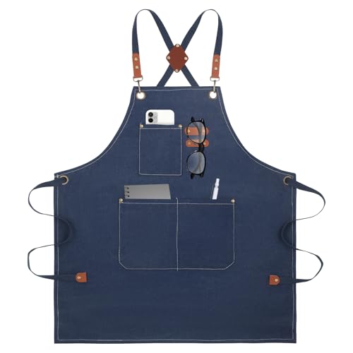 Aprons For Women Men With Large Pockets, Waterproof Cotton Chef Aprons For Cooking Server Grilling Bbq Kitchen - color: Dark Blue