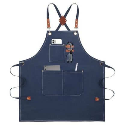 Aprons For Women Men With Large Pockets, Waterproof Cotton Chef Aprons For Cooking Server Grilling Bbq Kitchen - color: Dark Blue