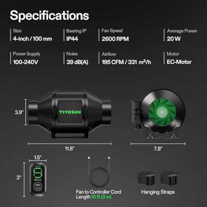 VIVOSUN G4 4" Inline Fan &Cycle Mode Speed Controller, 195 CFM Aerozesh Fan - color: Black Basic, size: 4"
