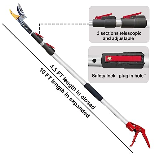 Telescopic Tree Trimmer 4.5-10 FT with 3 Section Length Adjustable, Cut and Hold Pruner, Pole Saw Extendable, Long Handle Fruit Picker, Branch Cutter, Clippers, Loppers