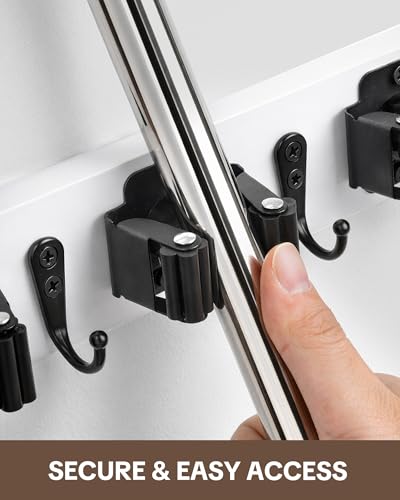 Lorbro 2 Pack Broom Holder Wall Mount, Wooden Rack with 4 Slot & 4 Hook - color: White