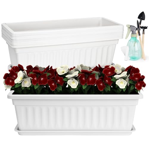 6 Pcs Window Box Planter, 17" Rectangular Planter Box with Saucers, White - size: White - 6 pack