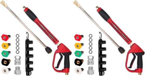 Hourleey Pressure Washer Gun, Red High Power Washer Gun with Replacement Wand Extension, 5 Nozzle Tips, M22 Fittings, 40 Inch, 5000 PSI (Pack of 2) - size: Gun (Pack of 2)