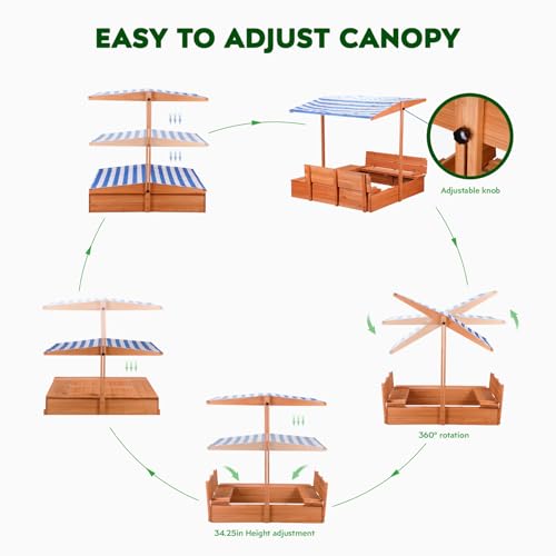 Kids Sandbox with Lid and Canopy, 47" Wooden Sand Box for Kids Ages 3-8