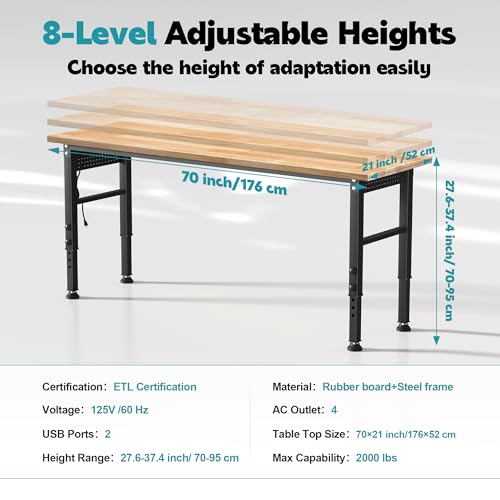 Antifir 70'' Adjustable Workbench, Heavy Duty Workstation - size: 70"x21"|Socket|Pegboard