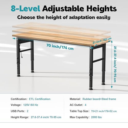 Antifir 70'' Adjustable Workbench, Heavy Duty Workstation - size: 70"x21"|Socket|Pegboard