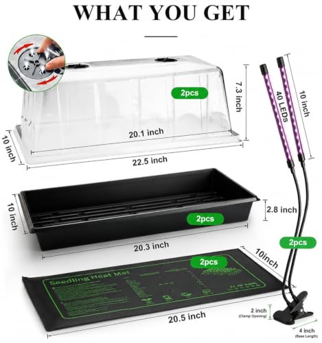 2-Pack 1020 Seed Starter Trays with Heat Mat and Clip-On Grow Light - size: 2p 1020Trays+7.3''Domes+Heat Mats+Lights