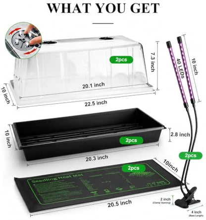 2-Pack 1020 Seed Starter Trays with Heat Mat and Clip-On Grow Light - size: 2p 1020Trays+7.3''Domes+Heat Mats+Lights