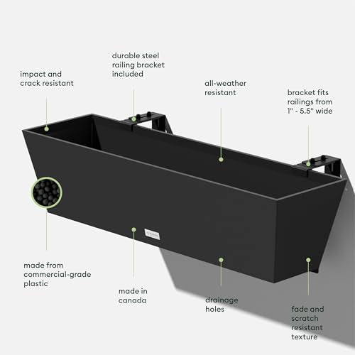 Veradek Pure Series Railing Planter - Tapered Window Box with Bracket - color: Black, size: 36 inch - 2 Pack
