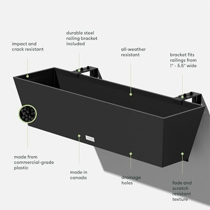 Veradek Pure Series Railing Planter - Tapered Window Box with Bracket - color: Black, size: 36 inch - 2 Pack