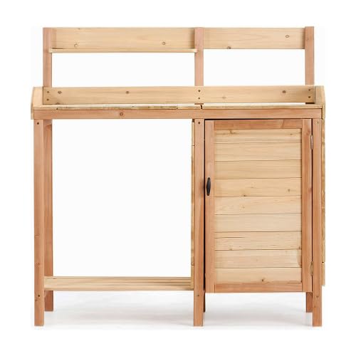 Outdoor Potting Bench with Sink, Wooden Potting Table with Storage Cabinet, Sliding Tabletop Potting Station, Garden Work Bench for Planting, Patio Lawn Outdoor Planting Station