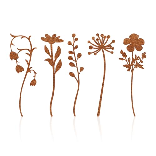 Metal Flowers Garden Stakes, Flower Bed Decor Plant Stakes, Rusted Metal Flower Plant Art for Outside, Yard Art Outdoor for Lawn Yard, Walkway Flower Garden Pots
