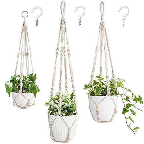 Mkono 3 Pack Macrame Plant Hangers Hanging Planters for Indoor Plants Ivory - color: Ivory, size: Medium