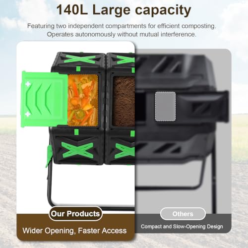 140L Dual Chamber Compost Bin Outdoor Rotating Composter W/Sliding Door Easy Setup Compost Tumbler for Outside Garden and Yard