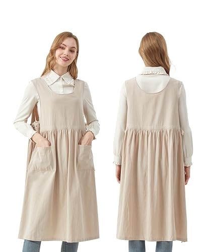 Nanxson Cotton Apron Women Split Plus Size Bib with Pockets - color: Beige